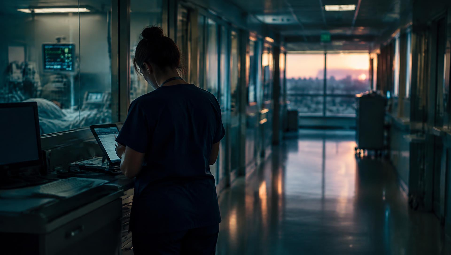 Organ donation professional reviewing a case at an ICU workstation
