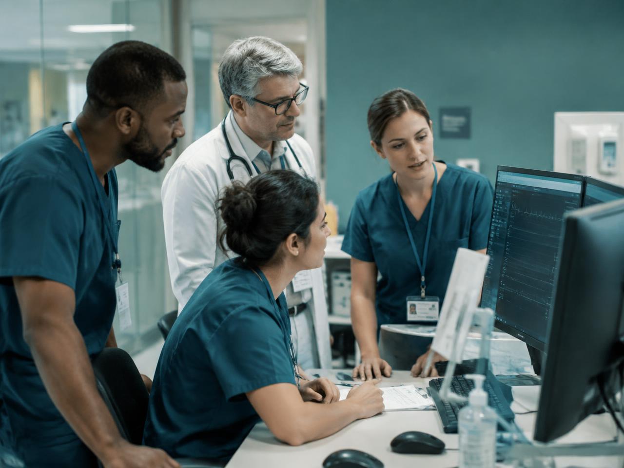 Multidisciplinary clinical team collaborating at a hospital workstation